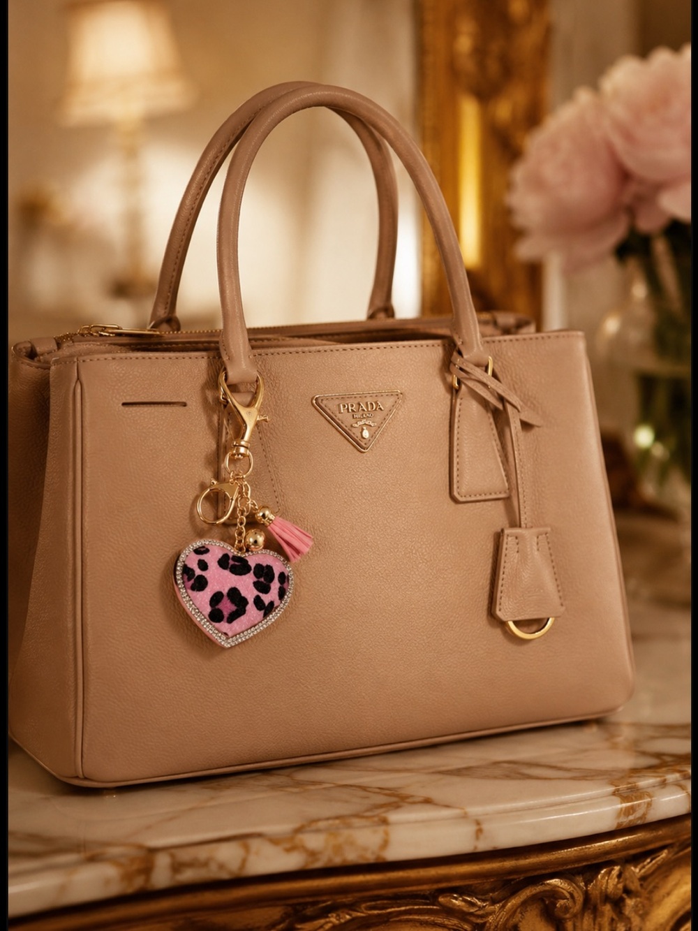 New Pink Leopard Print Pink Chunky Rhinestone Trim Bag Charm Keychain Bling